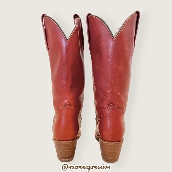 1990’s Frye Vintage Leather Pull On Cognac Red Low Heel Embroidered Cowboy Boot - Picture 8 of 13